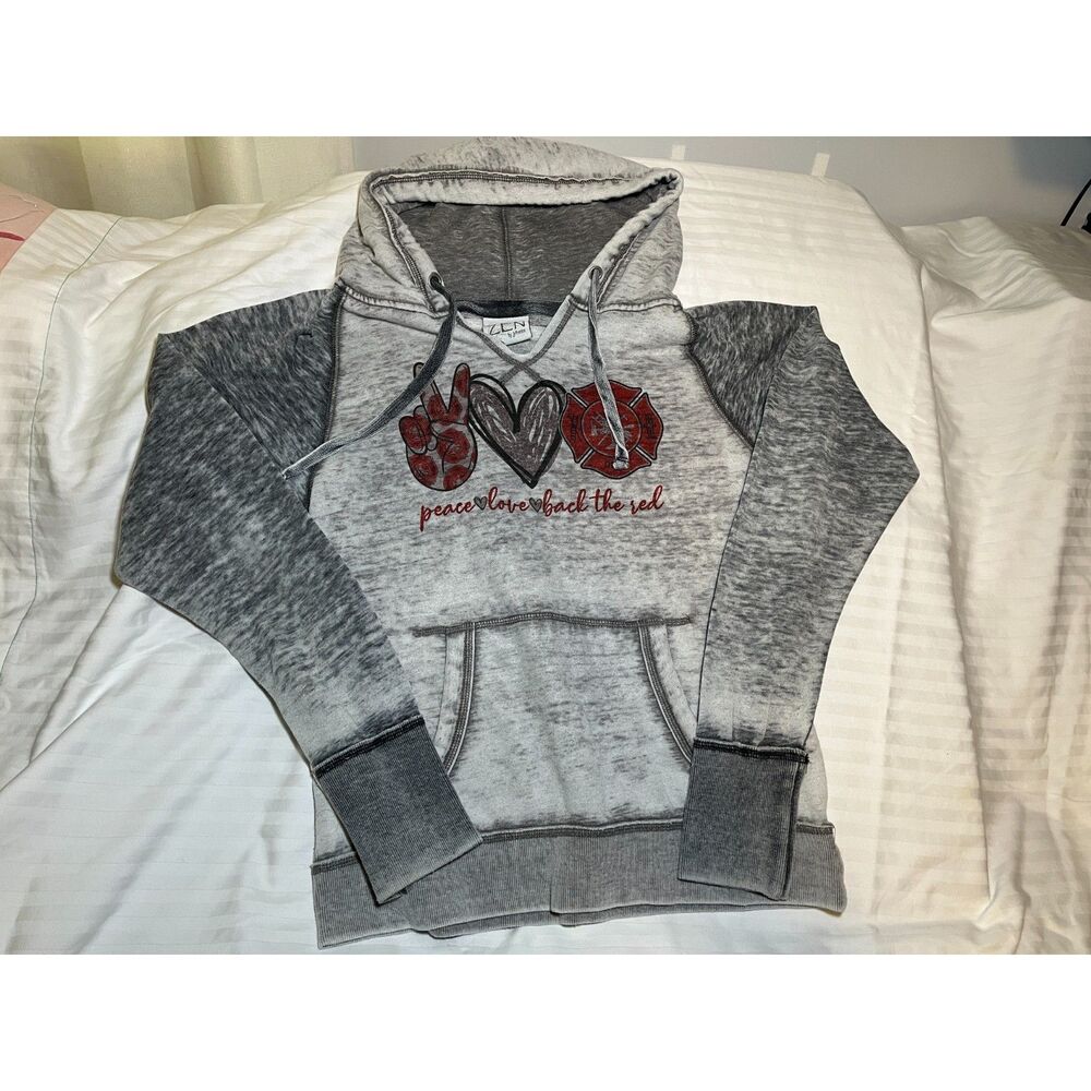 Zen by d-Jeanze Gray Burnout Hoodie Peace Love Back The Red Size S